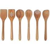 Amazon Basics Wooden Spoons &amp; Cooking Utensils, 6-Piece Set, Acacia Wood, Pre-Oiled, Cookware-Safe, Ideal for Nonstick