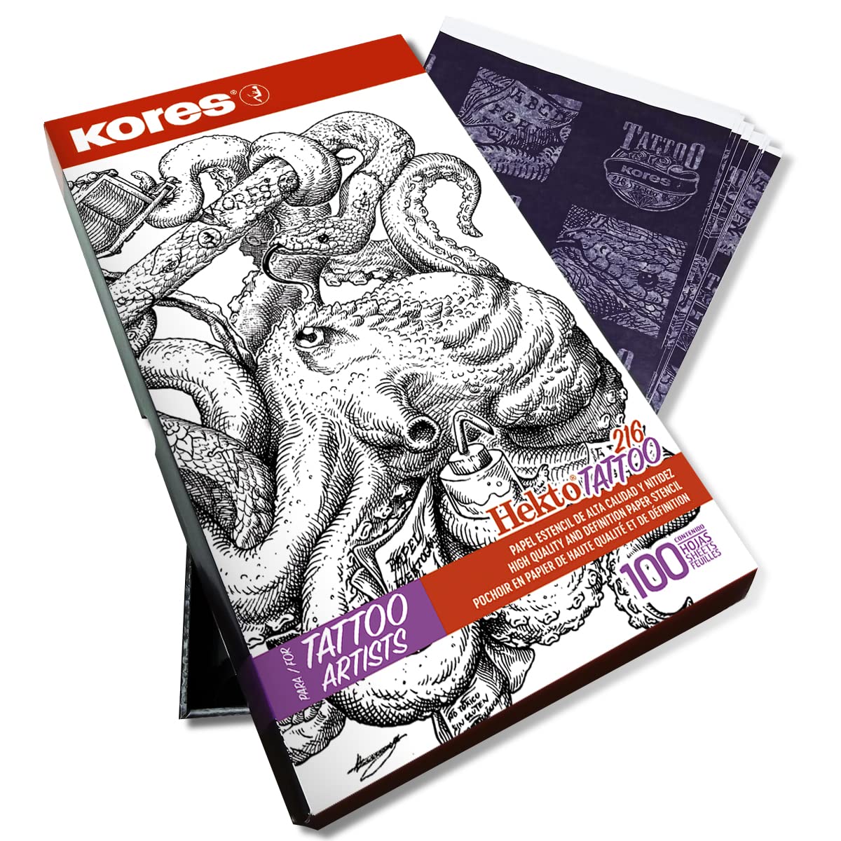 Kores - Tattoo Paper - Hekto 216 - Transfer Paper, Stencil with Purple Ink for Tattoo Kit- Non-Toxic - Tattoo Stencil Paper - 21,5 x 36,8 cm - Box of 100