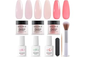 SOCORIA Dip Powder Nail Kit Starter, Light Red Light Purple Skin Color Dipping Powder Liquid Set All Seasons with Base Top Coat and Activator for Nail Art Manicure Salon DIY at Home 9 Pcs