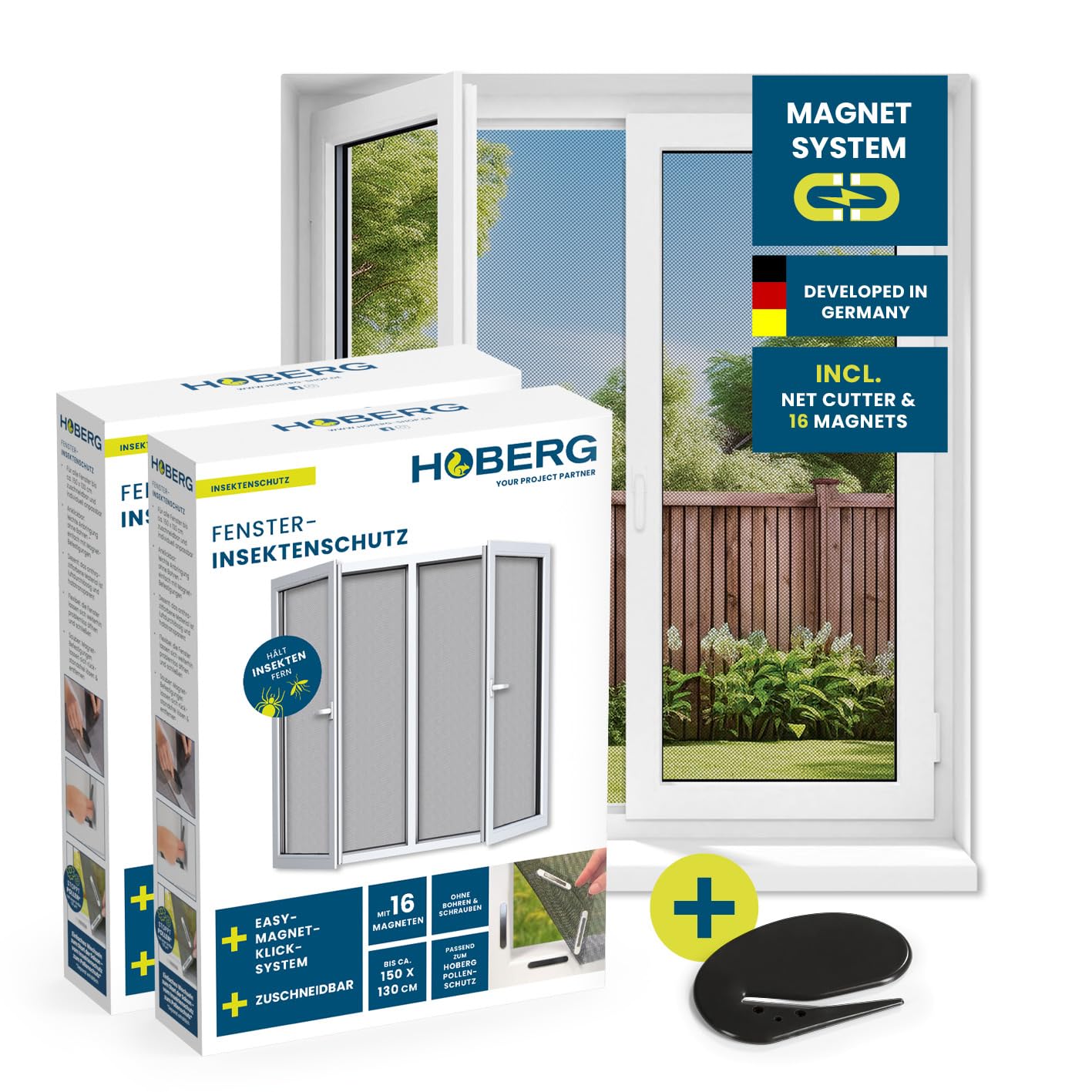 Hoberg Window Fly Screen with Innovative Magnetic Fastening | Fly net can be Individually Cut to Size up to 150 x 130 cm, no Drilling or screwing | Attach Mosquito net with 16 Magnets [2 Pieces]