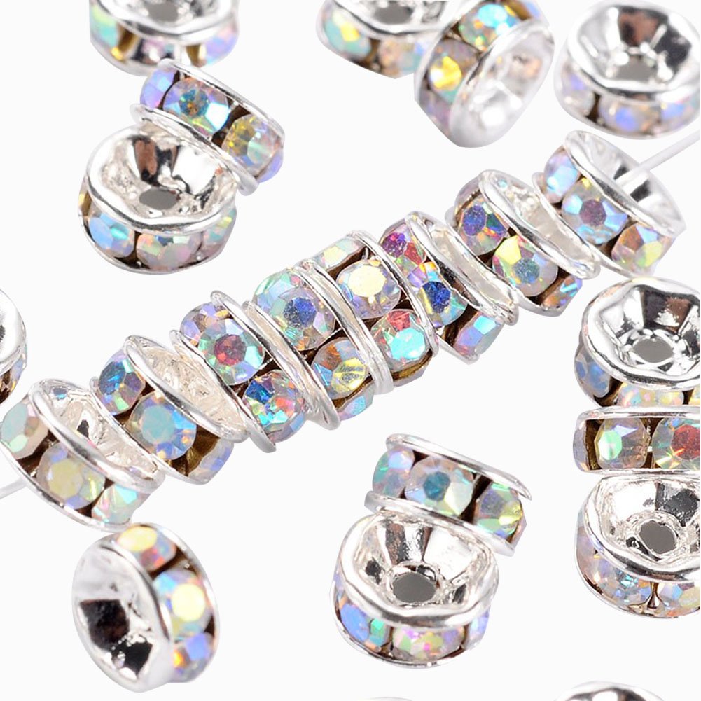NBEADS 100 Pcs Brass Rhinestone Round Rondelle Spacer Beads 6mm, White with Ab Color, Grade A, 3mm Thick, Hole: 1mm