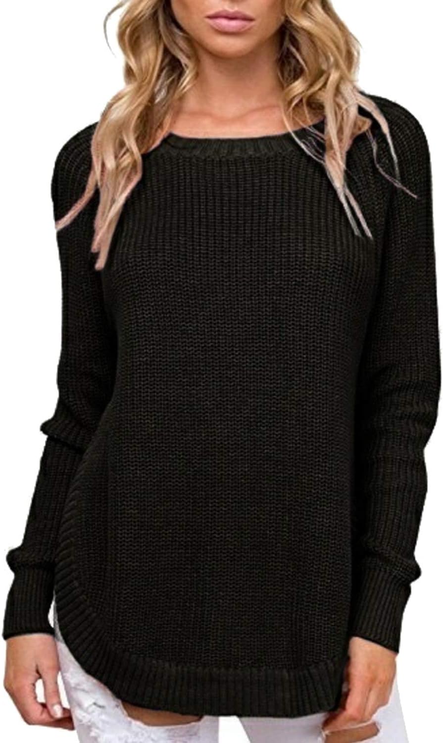 SUNJIN ACRO Women's Long Sleeve Crewneck Sweater Side Split Knit Pullover Top