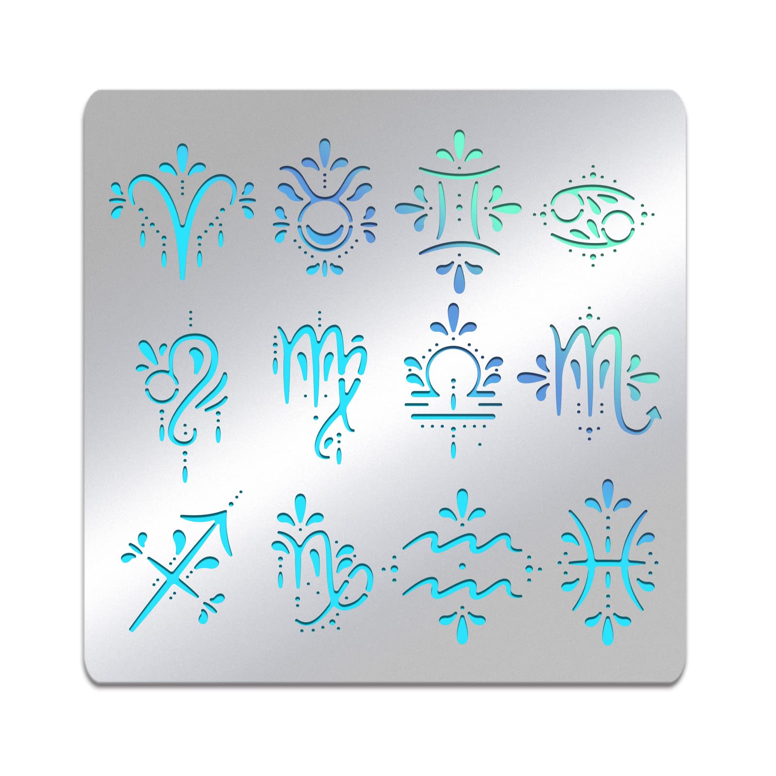 BENECREAT Zodiac Signs Themed Metal Stencil, Stainless Steel Drawing Stencil Template for Wood Burning, Wall Painting Crafts and Decorations, 15.6x15.6cm