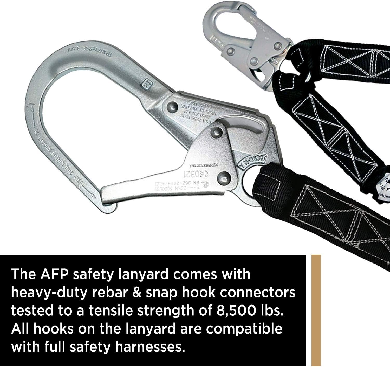 AFP 6FT Double Leg Internal Shock Absorbing Safety Fall Protection Lanyard with Dual Aluminum Pelican Rebar & Steel Snap Hook |Heavy-Duty Webbing | OSHA & ANSI Rated (Aluminum): Automotive