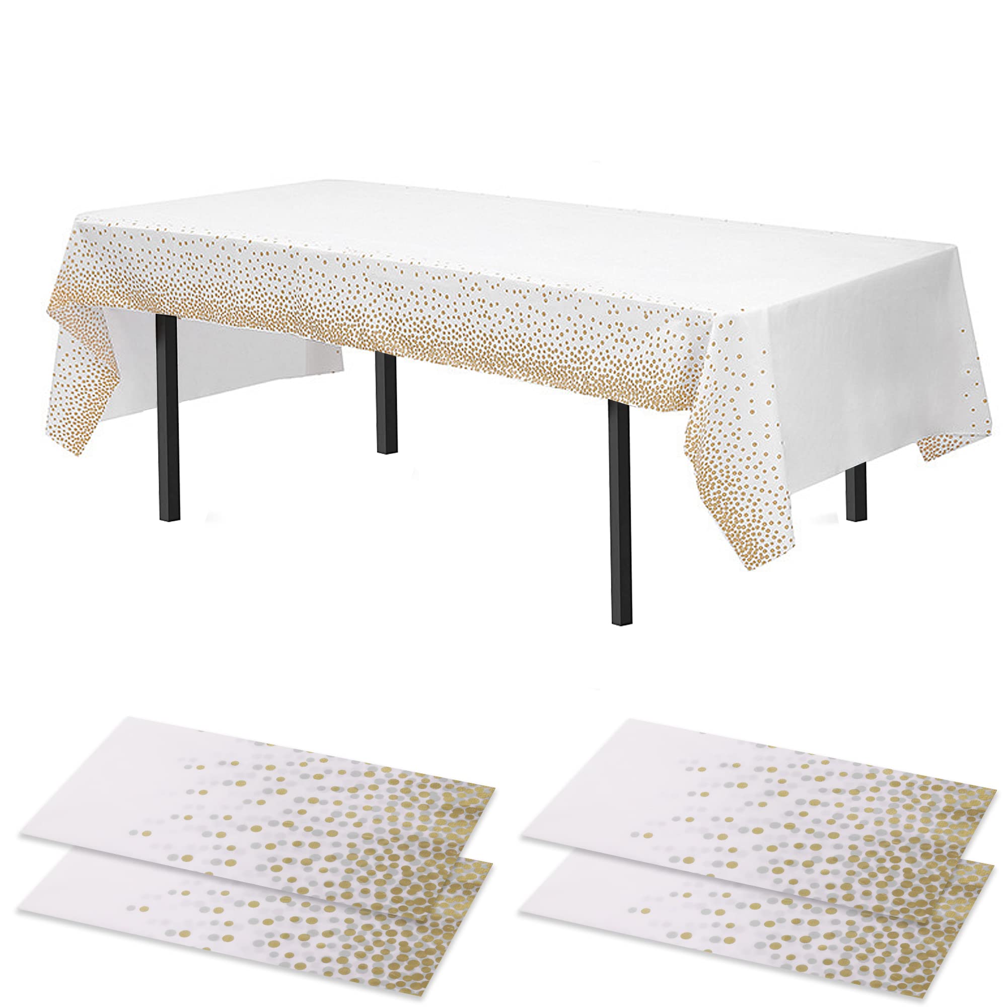 Time to Sparkle 4 Pack Plastic Tablecloths 54" x 108" Plastic Dining Table Cloth Premium Rectangle Table Cover for Parties Wedding Banquet etc Indoor Or Outdoor(White Gold)