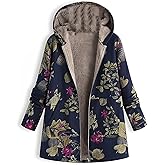 Akivide Women's Winter Ethnic Style Patchwork Sherpa Fleece Lined Hooded Jacket Plus Size Fluffy Warm Outwear with Pockets