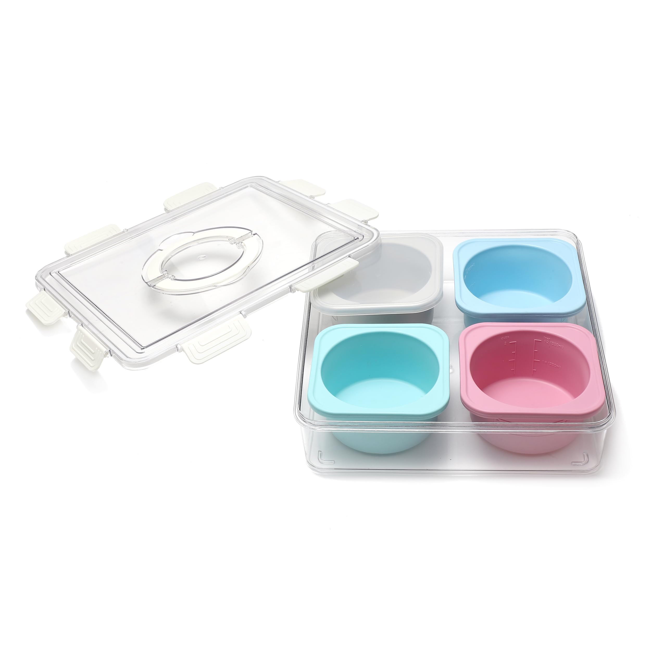 Photo 1 of ***Doesn't latch***KEVJES 500ml Pizza Dough Proofing Containers for DIY family Artisan Pizza, Food Grade Silicone Stackable Boxes with Lids-4 Pack (Four-color containers with carry-on tray)***Doesn't latch***