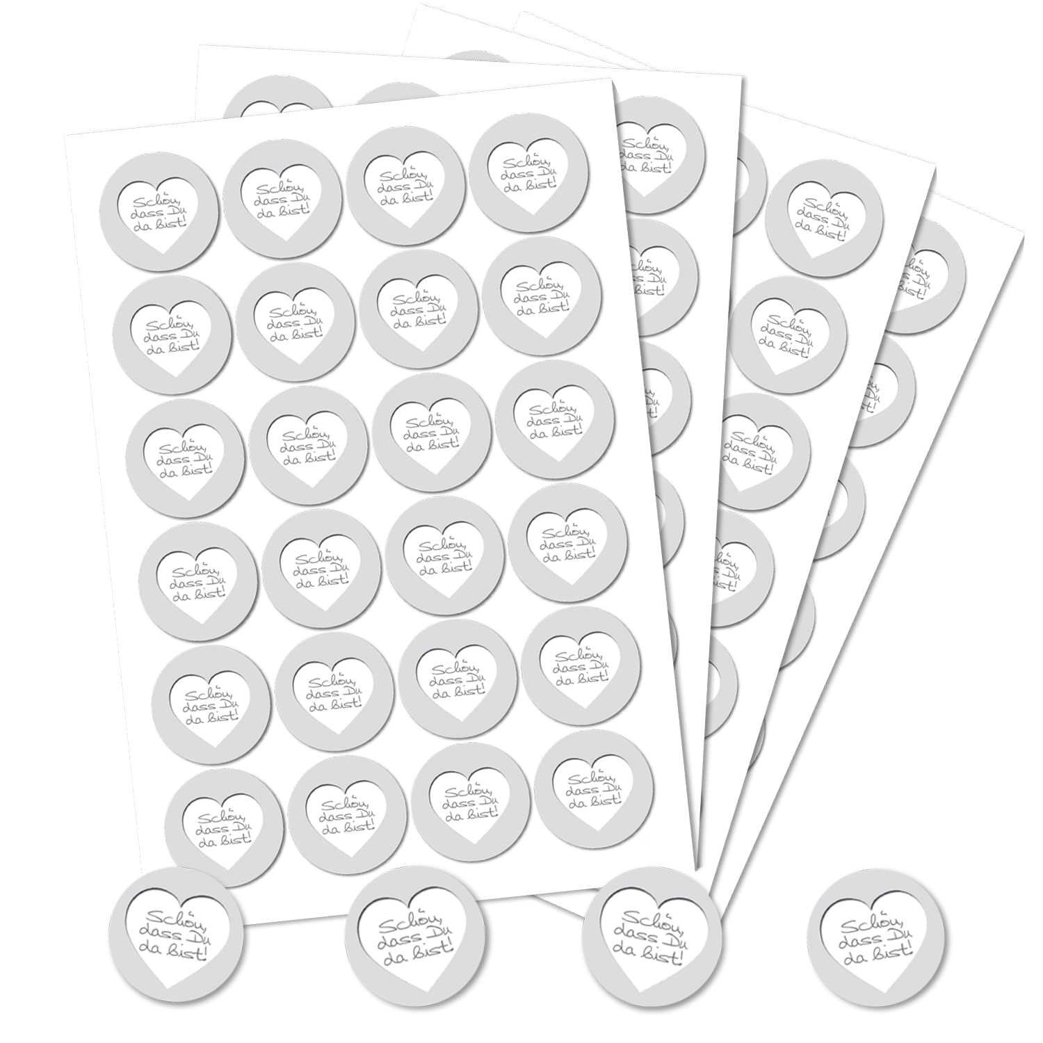 96 round white grey silver shabby stickers "Schön dass du da bist" text 4 cm sticker labels wedding christening birth communion festival birthday packaging decoration gift give-away