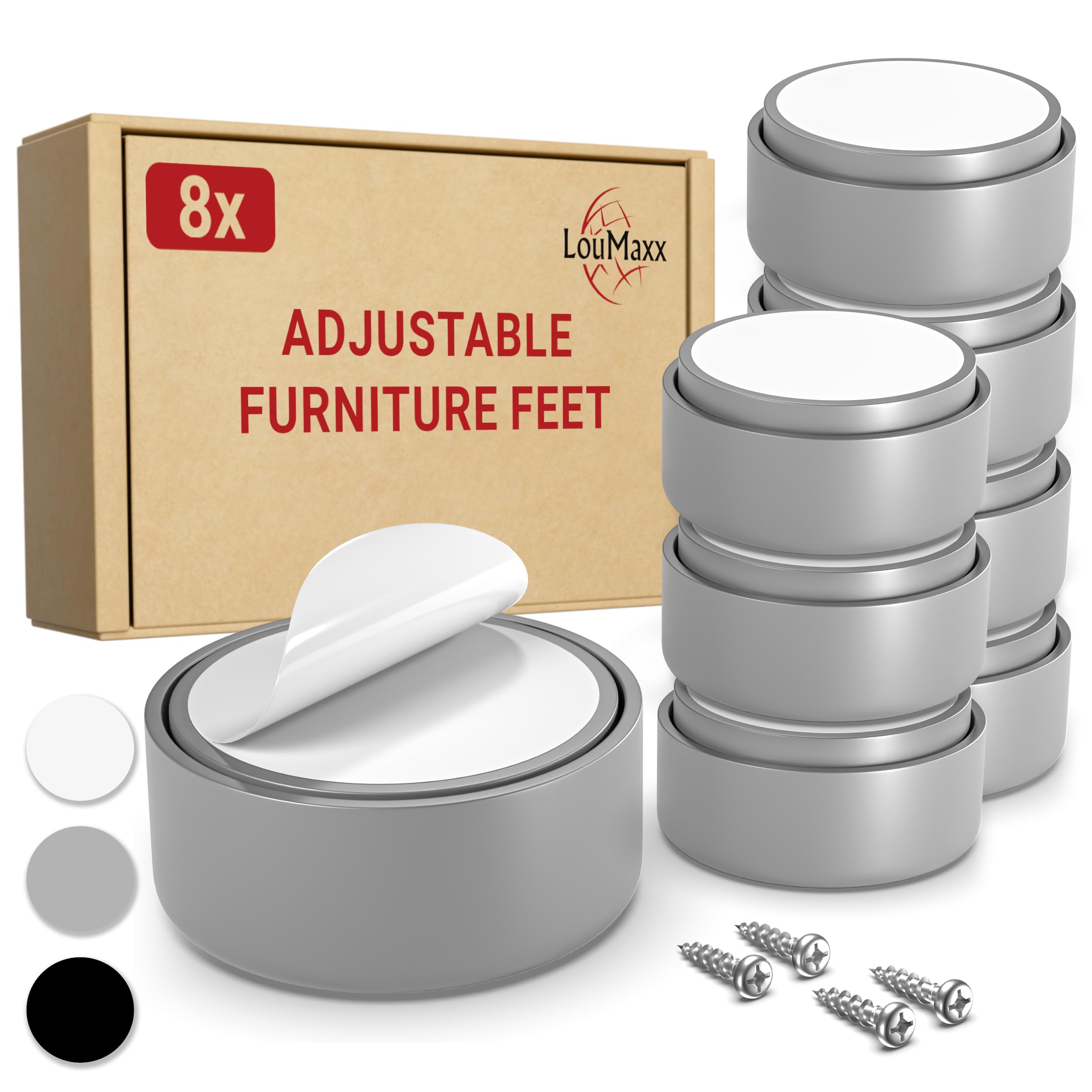 LouMaxx Furniture Feet Height Adjustable - Feet for Furniture Diameter 53.5 mm Made of Plastic - Furniture Raiser for Gluing or Screwing - Set of 8 Sliding Feet in Grey Includes Mounting
