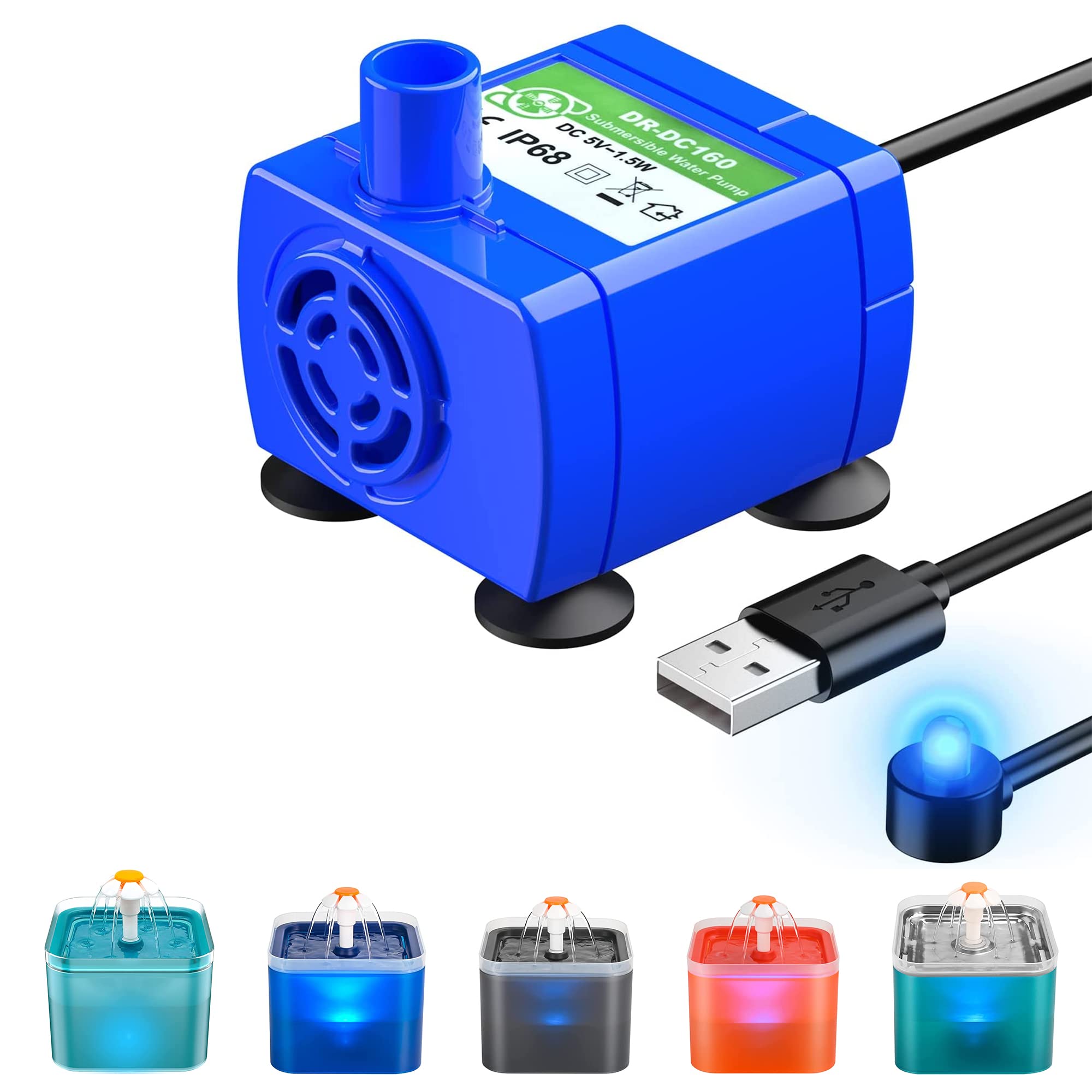 AONBOY Cat Fountain Pump with LED Light, 67oz/2L Cat Water Fountain Pump, Ultra Quiet, IP68 Waterproof, Long Lifespan