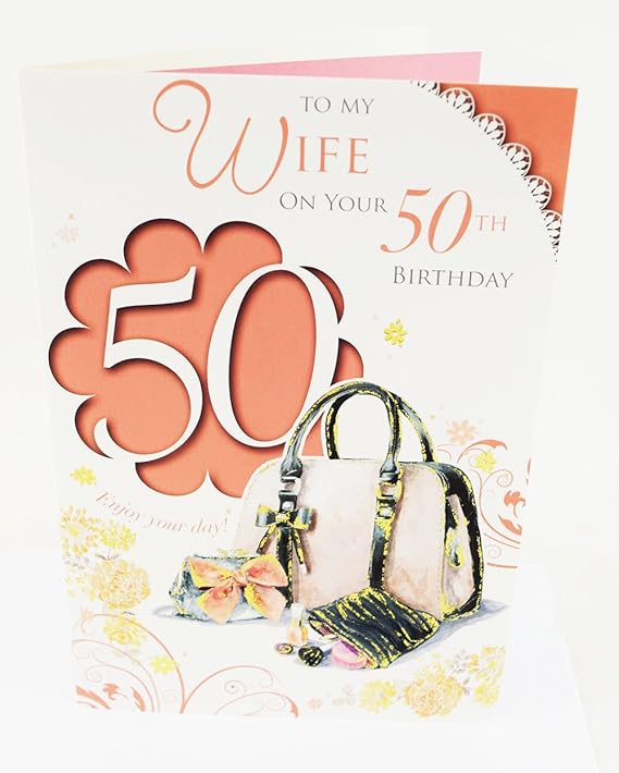 Happy 50th Birthday Wife Card Pink Elegant Lovely Verse Quality 50