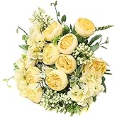 YoungJewl Artificial Flowers Fake Peony Silk Mini Plastic Bridal Flowers for DIY Wedding Bouquets Home Decorations 4 Packs(Light Yellow)