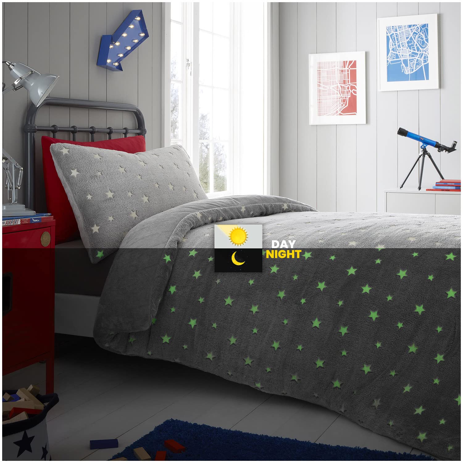 GC GAVENO CAVAILIA Teddy Glow In Dark Duvet Cover, Super Soft Snuggle Fluffy Fleece Quilt Bedding Set, Stars, Double
