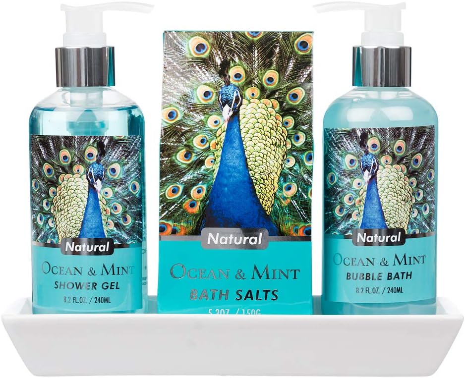 Invero 3pc Ocean Mint Peacock Body Bath Gift Set w/ Ceramic Tray Shower Gel