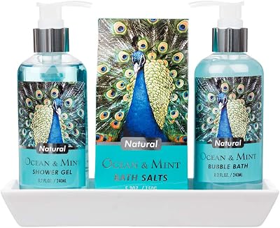 Invero 3pc Ocean Mint Peacock Body Bath Gift Set w/ Ceramic Tray Shower Gel