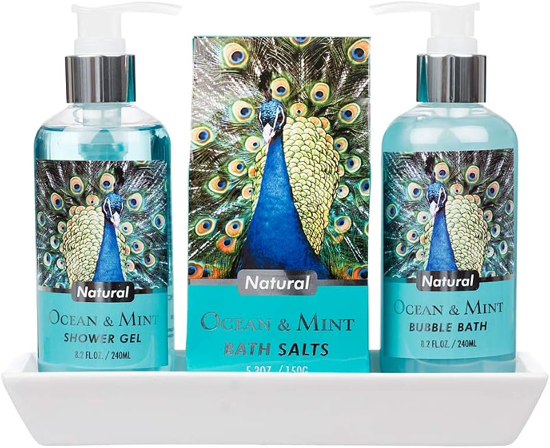 Invero 3pc Ocean Mint Peacock Body Bath Gift Set w/ Ceramic Tray Shower Gel