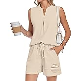 AUSELILY 2026 New Women's Two Piece Sets Waffle Knit Summer V Neck Sleeveless Casual Shorts Matching Sets Women Clothing Apricot S