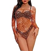 LUCKELF Women's Black Fishnet Bodysuit Sparkle Rhinestone Top Lingerie Thong Bodysuit