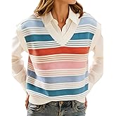 IEEILULU Womens Cap Sleeve Sweater Vest Striped Color Block V Neck Sleeveless Tank Top Loose Summer Sweater Vest Tops