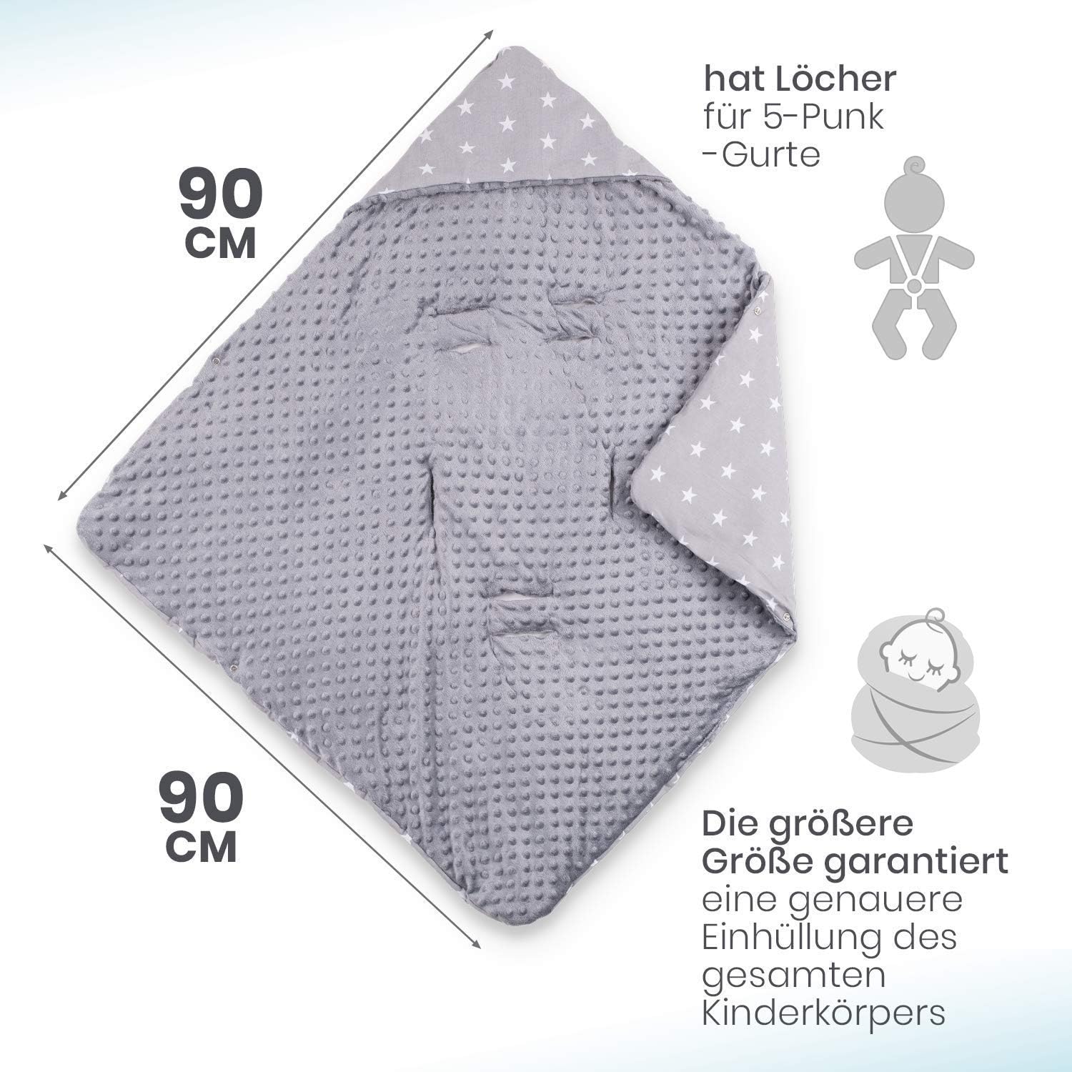 Couverture Dhiver Gris Clair 90cm X 90cm Couverture Enveloppante Bebe Nid D Ange Siege Auto Couverture Poussette Ressort Ete Chanceliere Siege Auto Bebe En Minky Gris Avec Des Etoiles Matelas Et Linge
