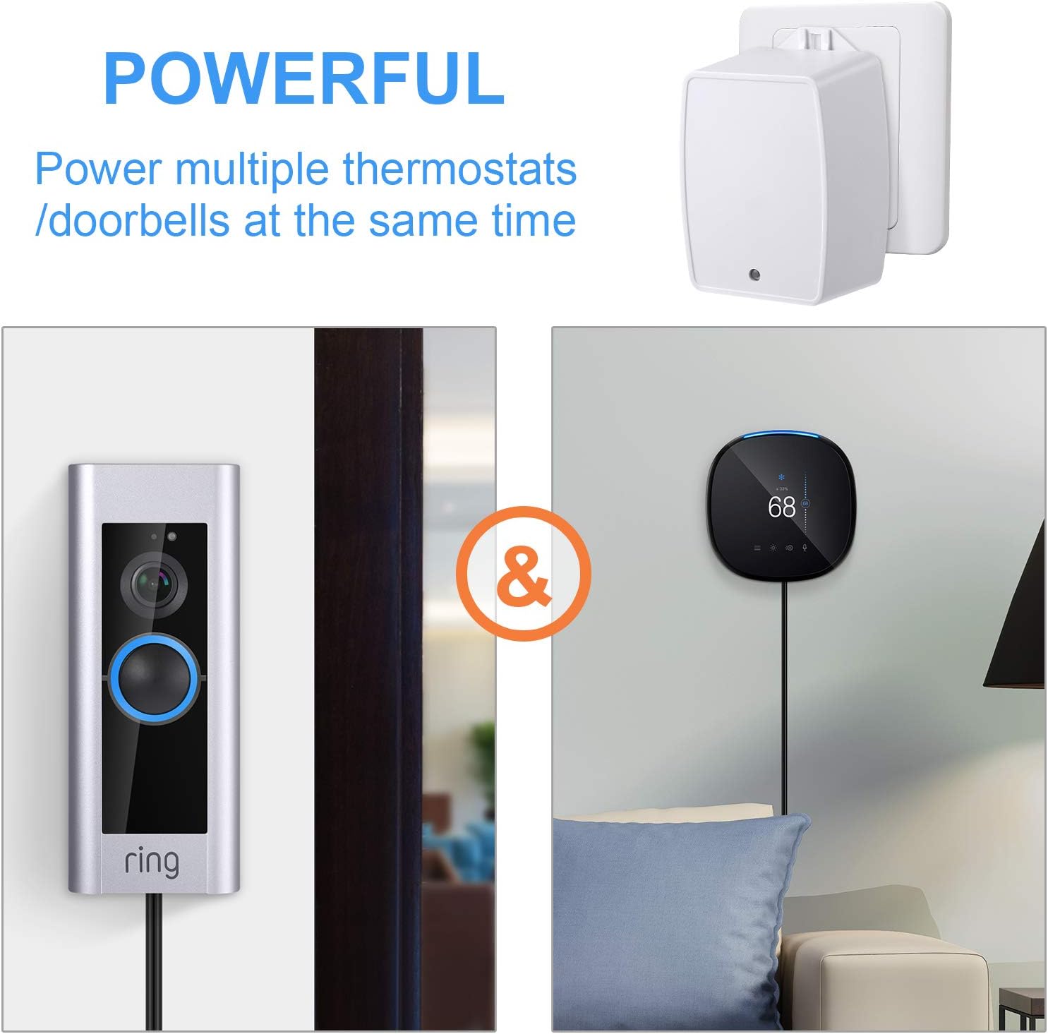 24VAC, 40 VA AC Transformer Plug in with PTC Fuse Compatible with Ring Nest Doorbell Thermostats UL Certified - - 