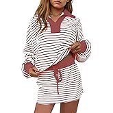 aswulk Womens Striped 2 Piece Outfits Long Sleeve Sweatshirt Skirt Sets V Neck Lounge Sets