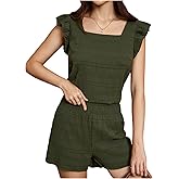 OYOANGLE Women's Two Pieces Outfits Square Neck Cap Sleeve Top Shorts Sets Summer Casual Travel Tracksuit Lounge Set