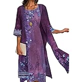 Women's Boho Floral Midi Dress 2 Piece Sets Wedding Guest Dress with Chiffon Jacket Flowy Casual Formal Cocktai Dress