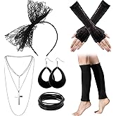 Blulu 6 Pcs 80s Accessories for Women Fancy Costume Neon Lace Headband Earrings Fishnet Gloves Necklace Bracelet