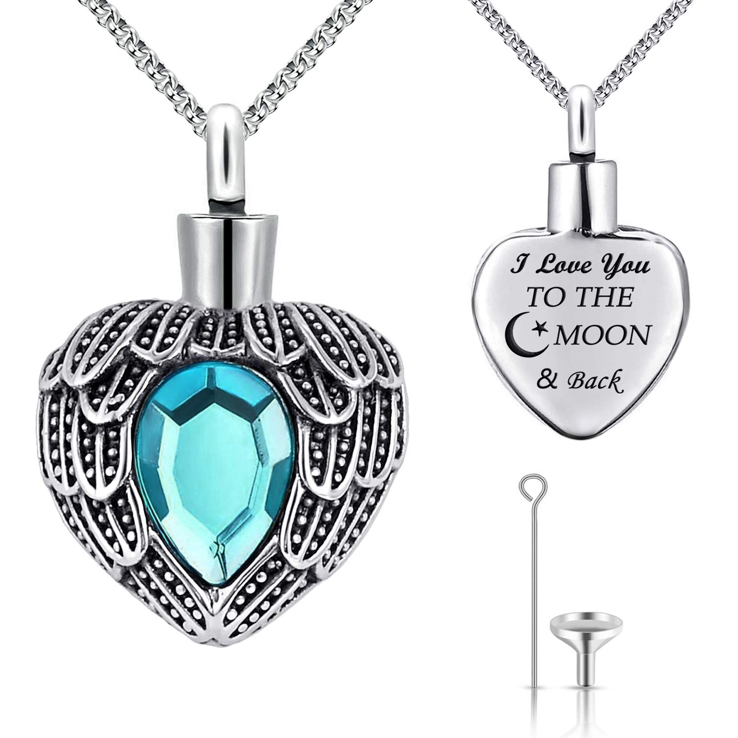 MUERDOU Urn Necklaces for Ashes Angel Wing Birthstone Charm Heart Cremation Jewelry Keepsake Holder Memorial Necklace Pendant