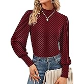 Qirno Womens Mock Neck Puff Long Sleeve Tops Casual Loose Solid Basic T Shirt Button Cuffs Pullovers Shirts Blouse