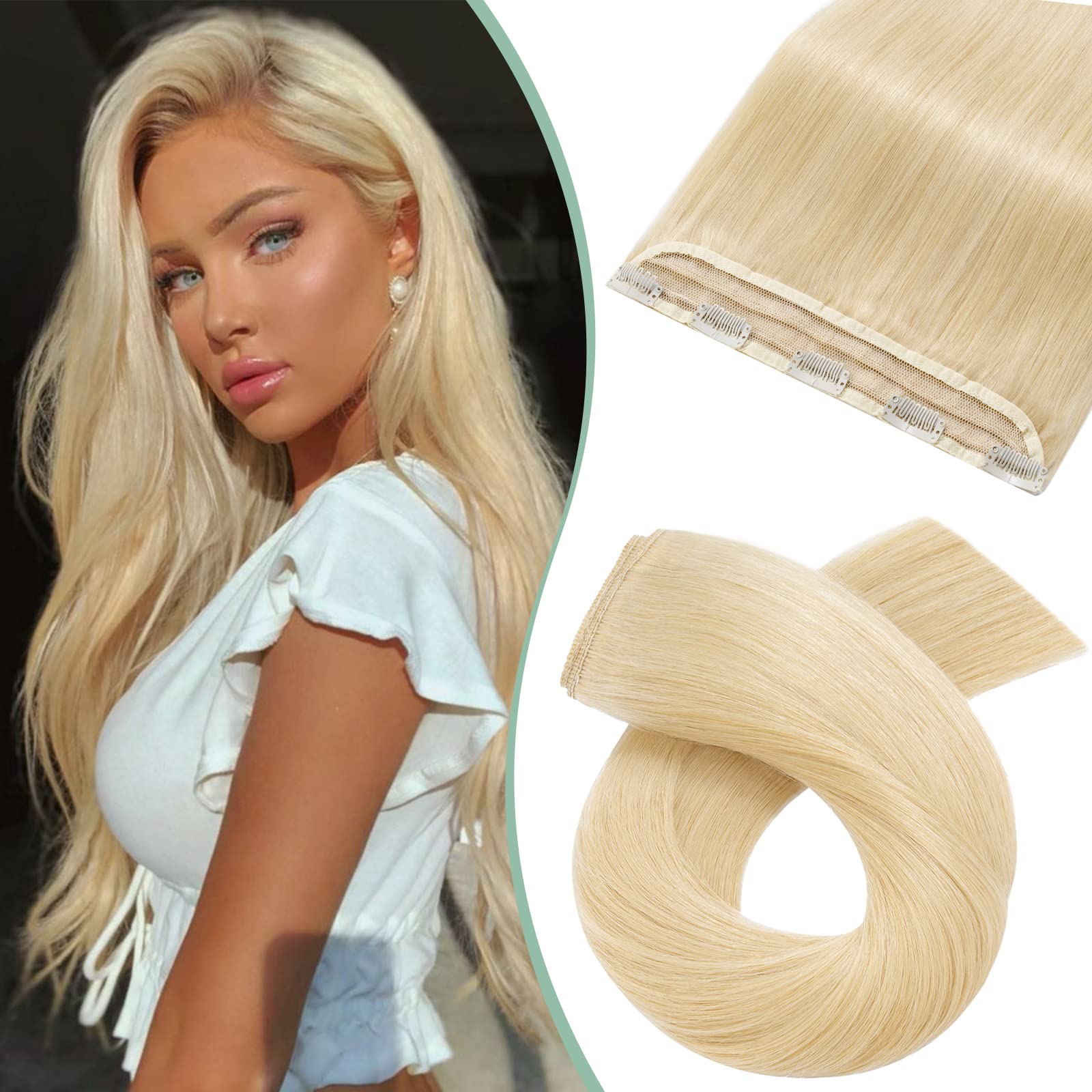 Silk-co Clip in Remy Hair Extensions 20inch Real Human Hair One Piece Clip on Hair Extensions Seamless #613 Bleach Blonde 3/4 Half Head Natural Straight