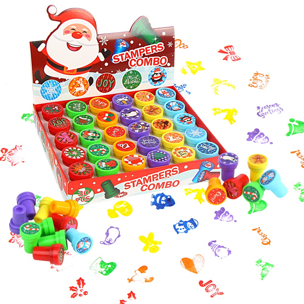 LOKIPA Christmas Stamps For Kids,30 Plastic Self-ink Stamps Stamper Kits Christmas Party Goodies Bag Filler