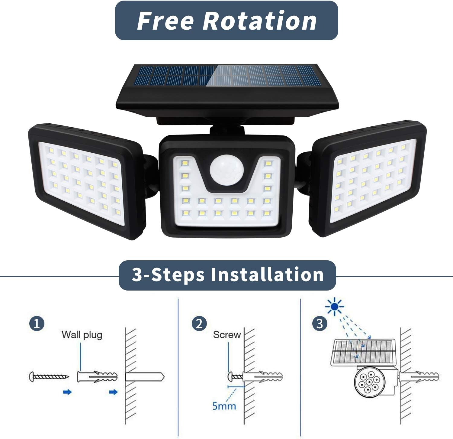 Solar Lights Outdoor with Motion Sensor, 3 Heads Security Lights Solar Powered, 70 LED Flood Light Motion Detected Spotlight for Garage Yard Entryways Patio, IP65 Waterproof 2 Pack - - 