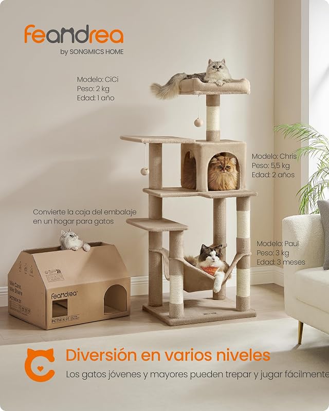 Árbol para Gatos, Altura 137,7cm, Multinivel, 4 Postes Rascadores