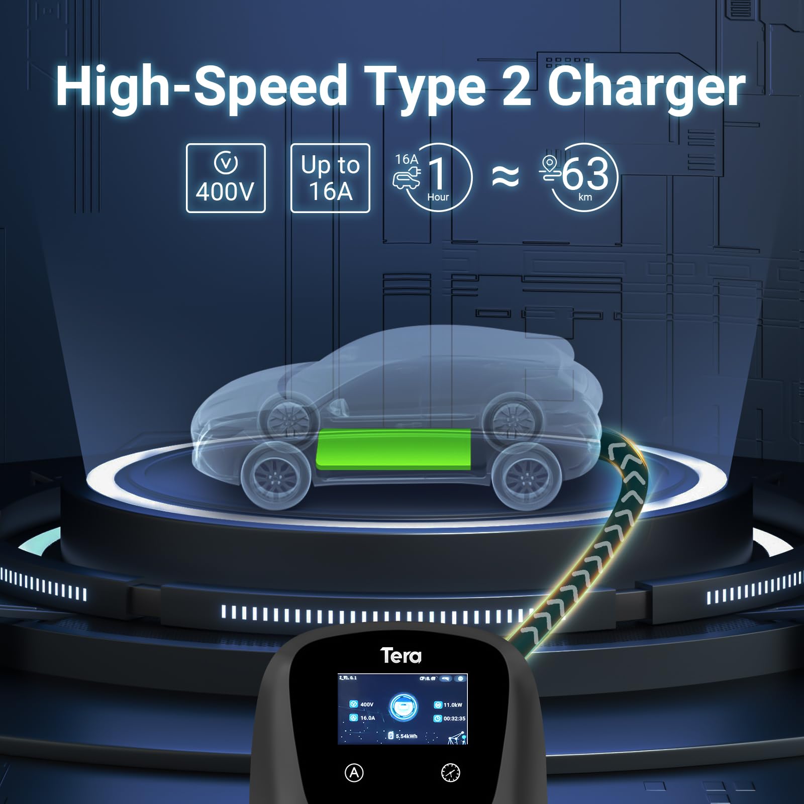 Tera Smart EV Ladegerät Typ 2 Wallbox mit APP 11kW 16A 400V CE&TÜV mit Wlan & Bluetooth 7m Ladekabel mit Ladegerätehalter Heim Wallbox CEE 3-Phasen Stecker für EVs & PHEV W01 Schwarz 3