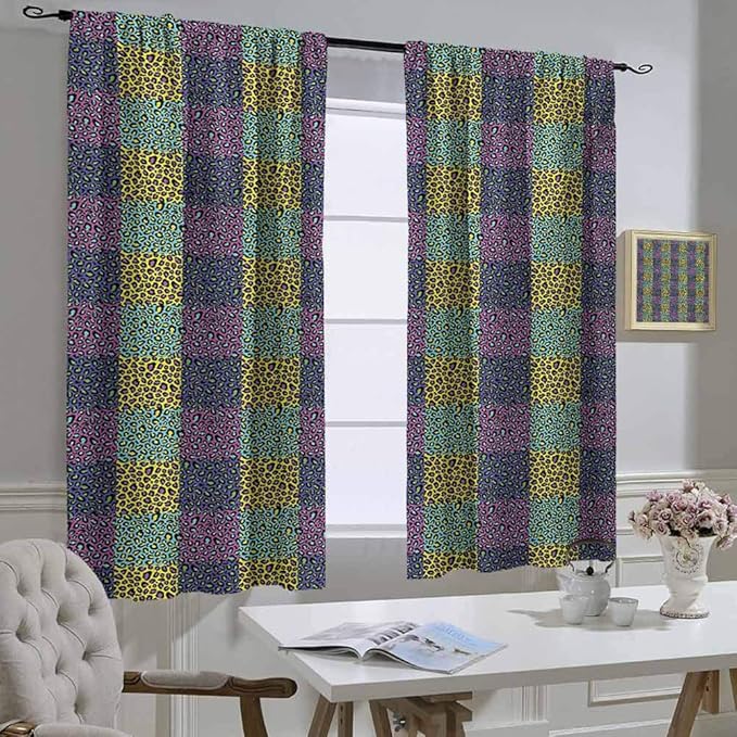 Mozenou Leopard Print Curtain Kitchen Window Colorful Checkered Pattern with