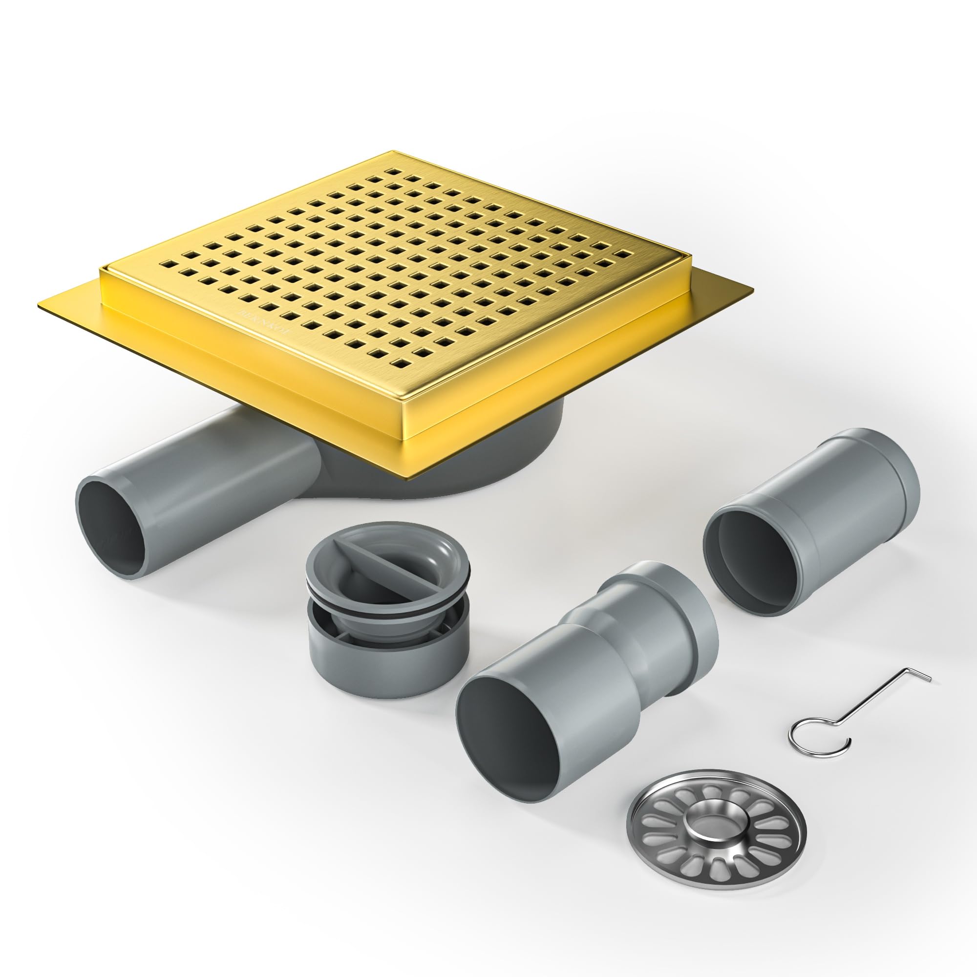 Bernkot Shower Drain Square 15 x 15 cm, 360° Siphon with Odour Stop and Hair Strainer Stainless Steel Drain Channel Floor Drain Shower Drain Very Flat DN50 DN40, Gold