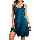 HBZDQB Women's Nightgown Sexy Satin Lace Sleepwear V-neck Chemise Full Slip Nightshirt Wide Strap Lingerie