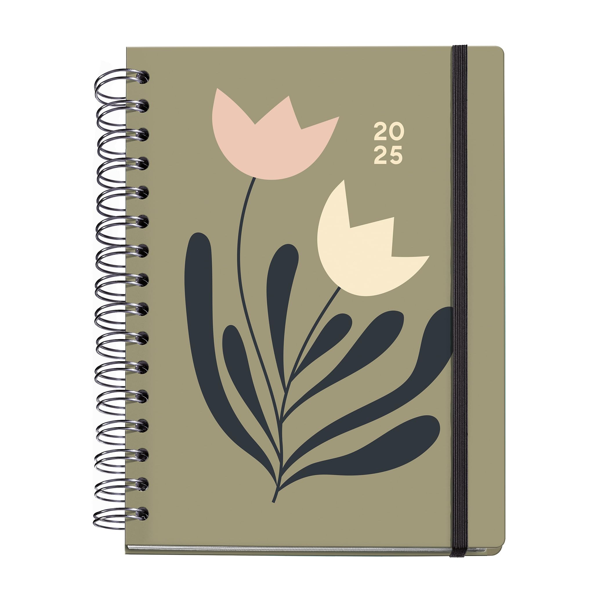 Miquelrius - 2025 Diary, Yearly Diary 168 x 218 mm, Week to View Agenda, Double Spiral, Laminated Cardboard Cover, 100 g/m² Paper, 6 Languages, Stickers, Exclusive Design Jessica Nielsen, Tulips