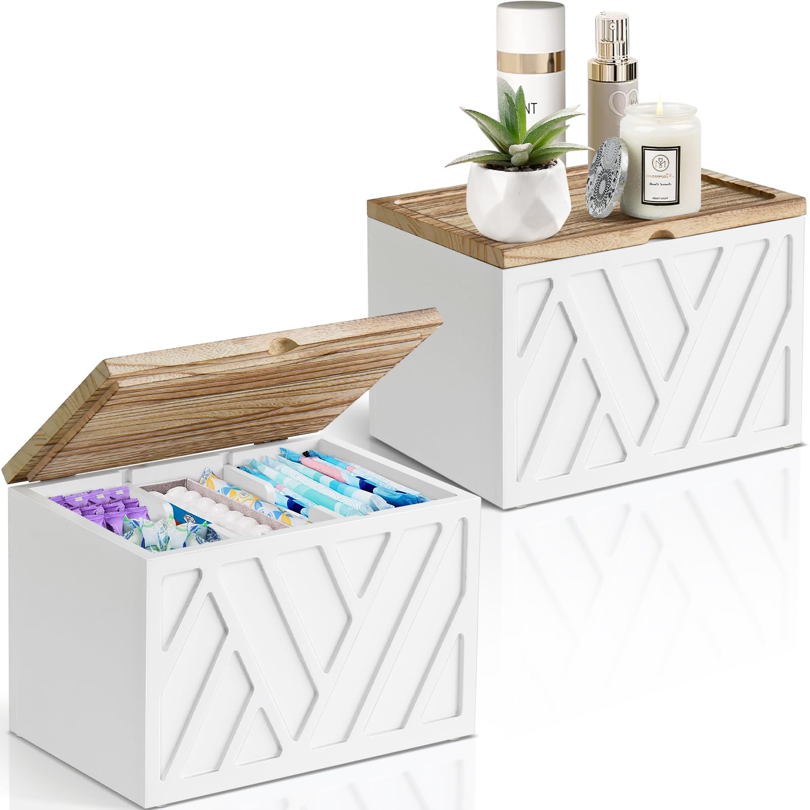 Photo 1 of 2 PCS White Tampon Holder for Bathroom Decor, Feminine Product Organizer With Lid, Shark Week Storage, Wood Pad Box for Toilet, Bathroom Accessories