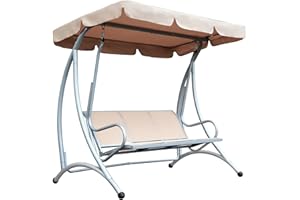 Outsunny 3 Person Patio Swing Seats with Adjustable Canopy Outdoor Swing Chair Bench for Garden, Poolside, Beige