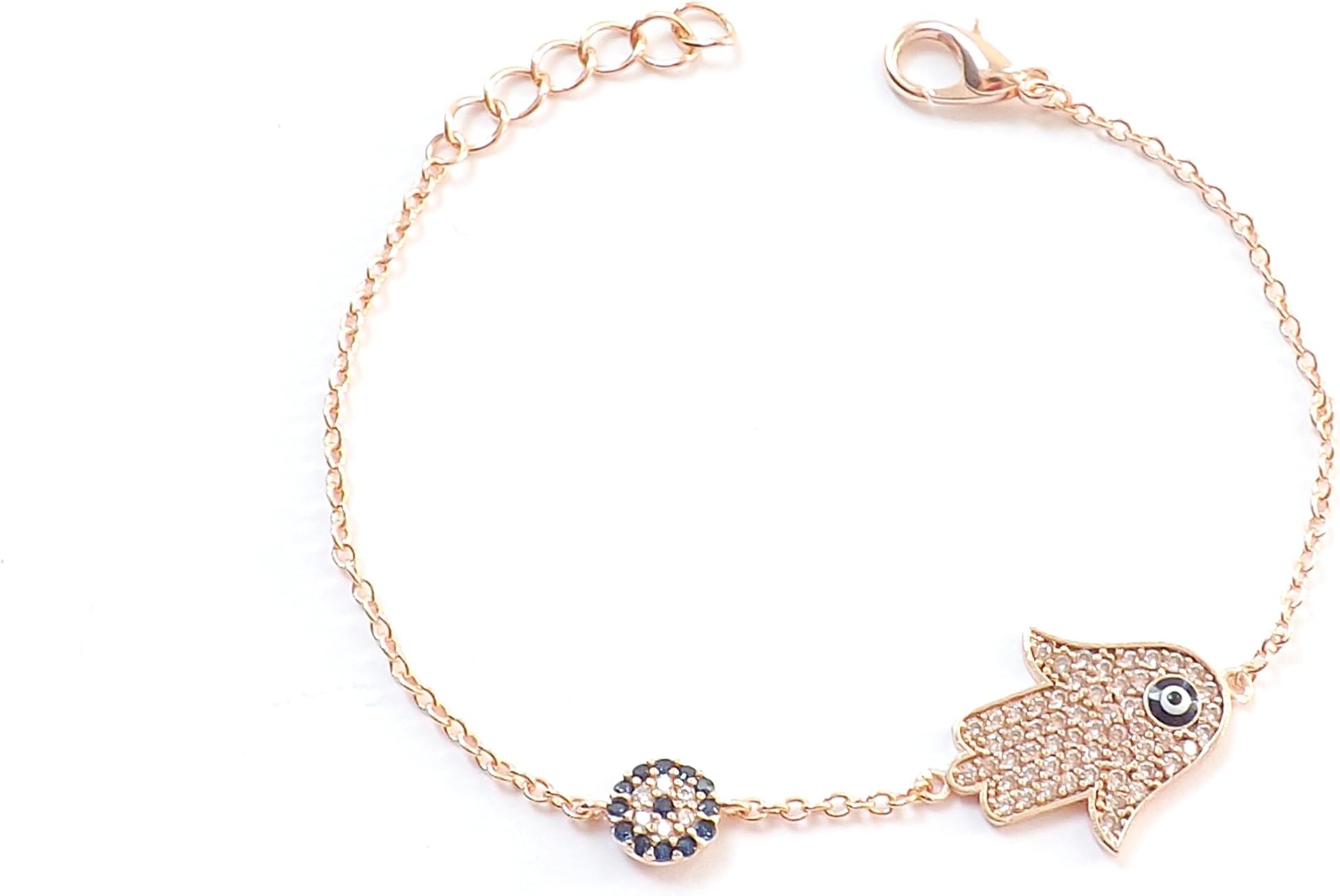 YSN Home CollectionRemi Bijou Bracelet Fatima's Hand Rose Gold Color Rhinestone Blue Eye Nazar Boncuk
