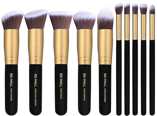 BS-MALL(TM) Makeup Brushes Premium Makeup Brush Set Synthetic Kabuki Cosmetics Foundation Blending Blush Eyeliner Face Powder Brush Makeup Brush Kit (10pcs, Golden Black)