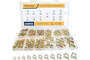 Quevaeco 142PCS Spring Hose Clamps Kit, 6–20mm Assorted Fuel Line Clips, 65Mn Steel Pipe Clamps for Air, Water, Silicone Hose