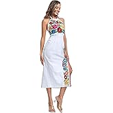 YZXDORWJ Women's Mexican Floral Embroidered Halter Neck Split Sleeveless Ruffle Party Long Dresses