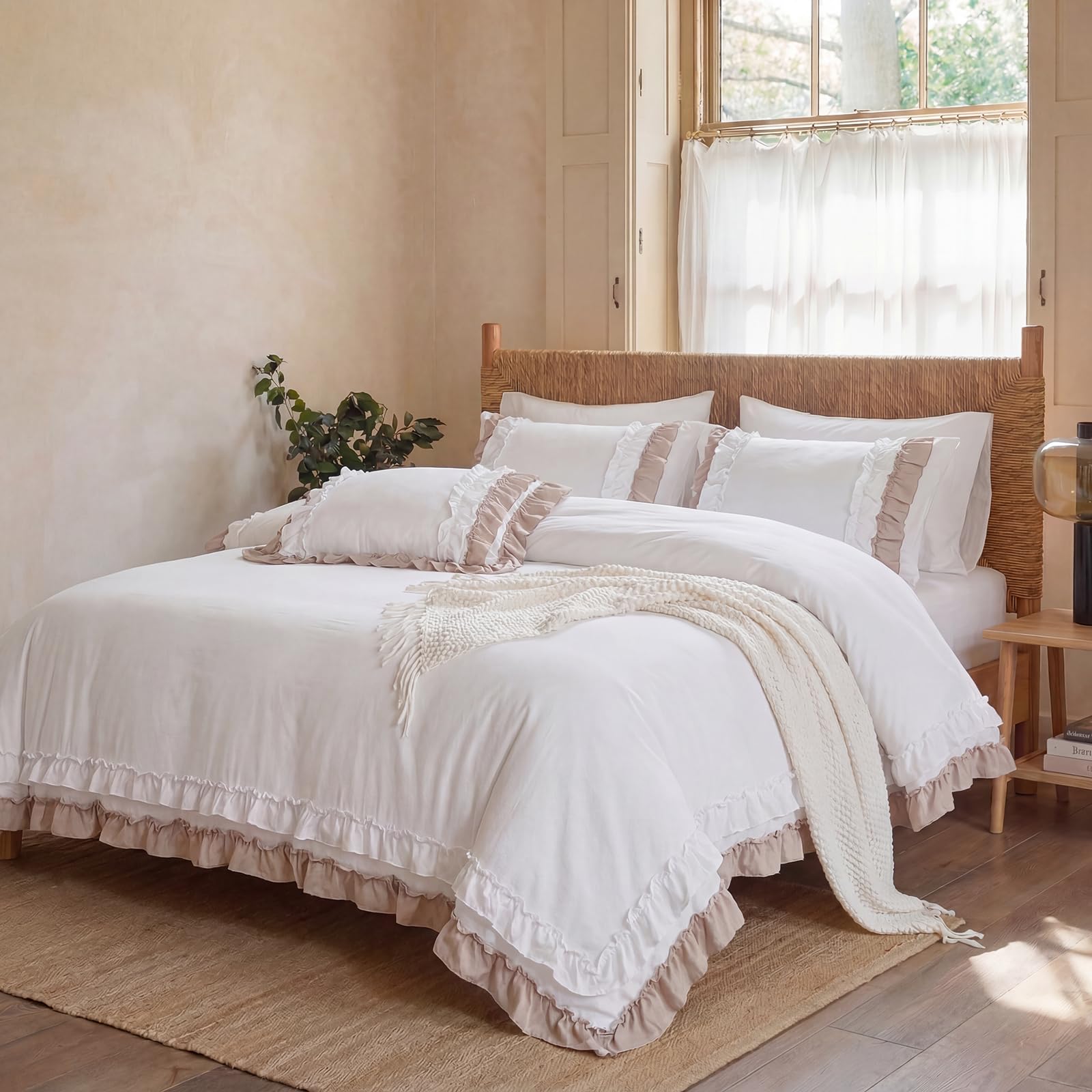 Herside White Taupe Ruffle Duvet Cover King Shabby Chic Bedding 2 Layers Ruffle Design Farmhouse Boho Bedding Sets 1 Duvet Cover 2 Pillowcases (White-Taupe, King)