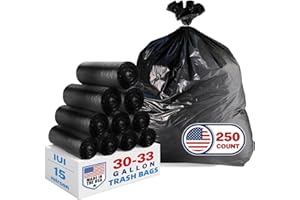 IUI Trash Bags 30-33 Gallon, Black - Medium Duty 250 Count Bulk Pack | 32" x 38" | Durable & Tear-Resistant Garbage Bags for Home, Commercial, Construction & Outdoor Use | Made in USA