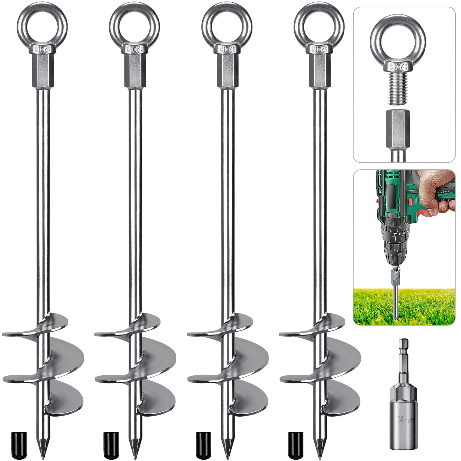 Insaga Tent Peg, 45cm Heavy Duty Ground Anchor Large Metal Earth Stake Spiral Blade Screw in Trampolines Spike for Swing Set/Camping/Shed/Dog/Carport with Fixed Eyelet, 4 Pack