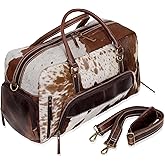 Leather Duffel Bag for Men & Women, Genuine Weekender Travel Bag, Handmade Overnight Gym Bag with Shoulder Strap, Carry-On for Business & Outdoor Travel (Yukon Hair Duffel, Brown & White, 22 Inch)